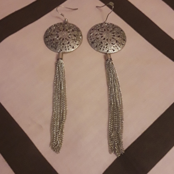 Earrings- Long Silver Tassel - Picture 1 of 4